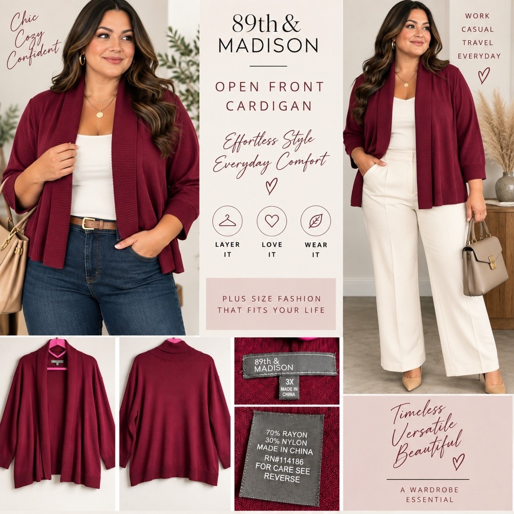 89th & Madison Womens 3X Burgundy Open Front Shawl Collar Cardigan Sweater